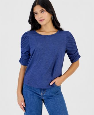 Petite Printed Ruched-Sleeve Scoop-Neck Top