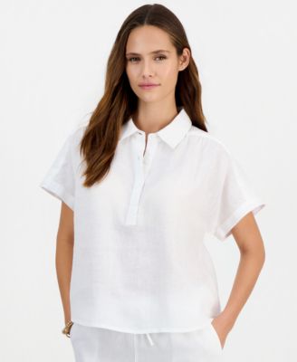 Women's Cap-Sleeve 100% Linen Popover Top