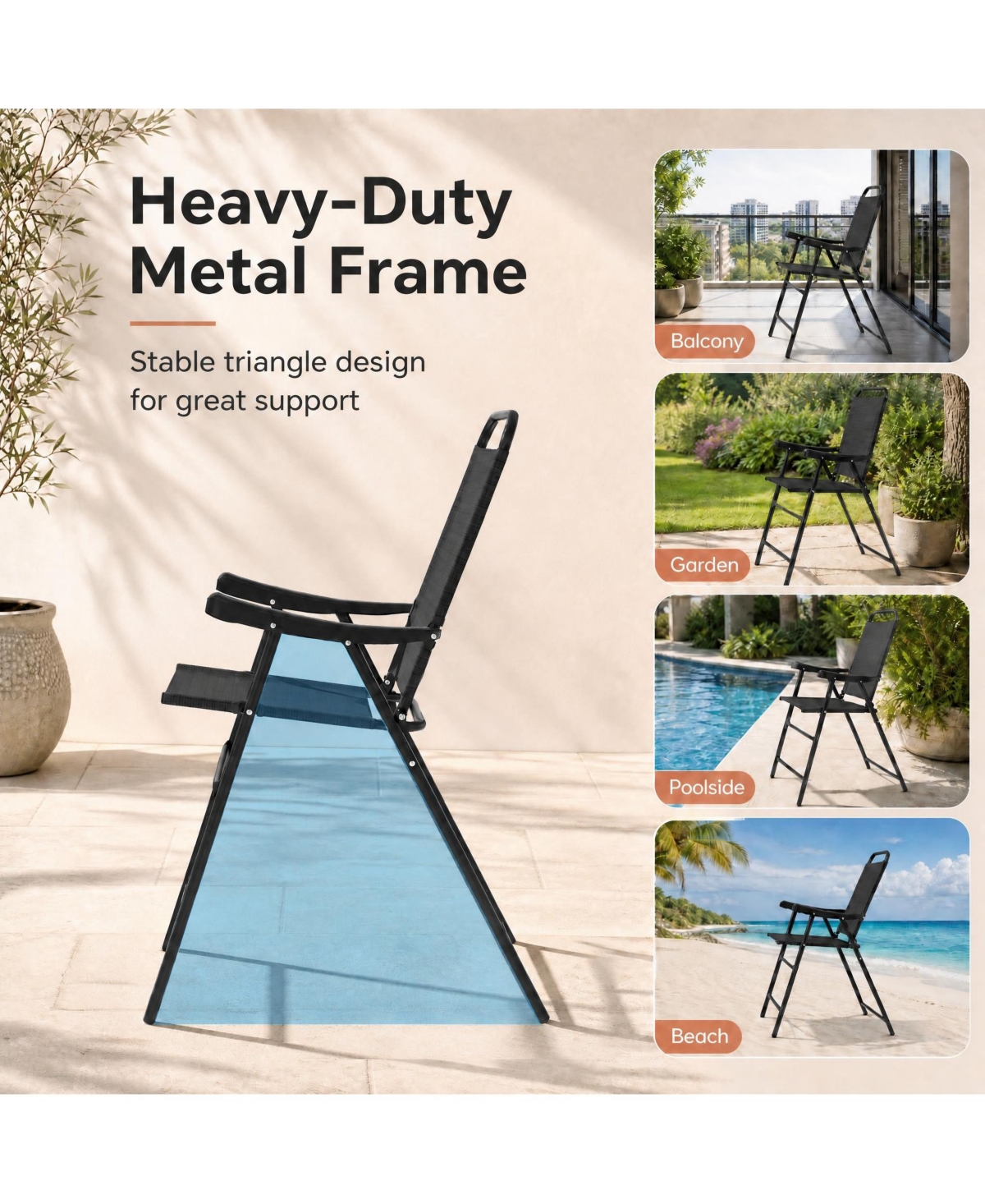 Gymax 2PCS Patio Bar Chair Folding Bar Height Metal Frame w/ Footrest Garden Coffee Black