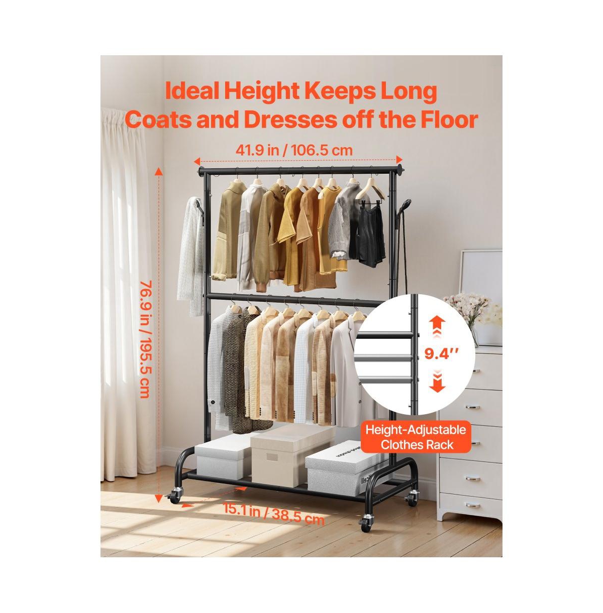 Slickblue Carbon Steel Rolling Garment Rack with Adjustable Rod, Side Hooks and Locking Wheels