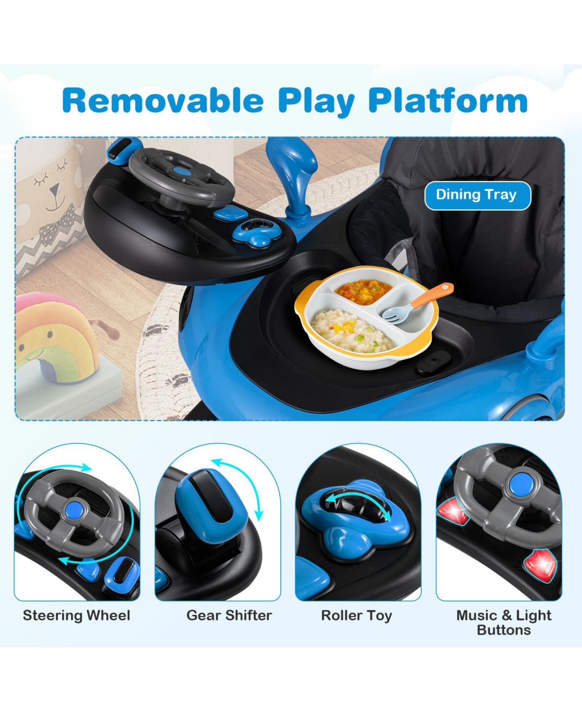 Slickblue 6-in-1 Baby Walker and Activity Center with Canopy, Music Rocker