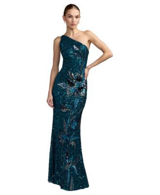 Petite One-Shoulder Floral Sequin Evening Gown