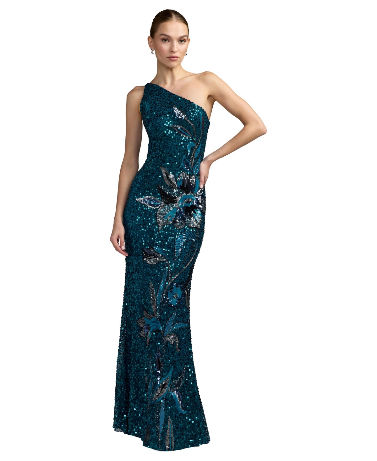 Mac Duggal - Petite Teal Floral Sequin One Shoulder Gown - US 12P
