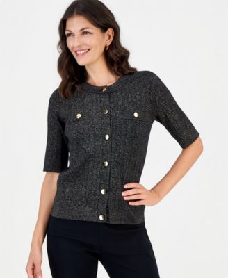 Women's Lurex Pointelle Short-Sleeve Cardigan