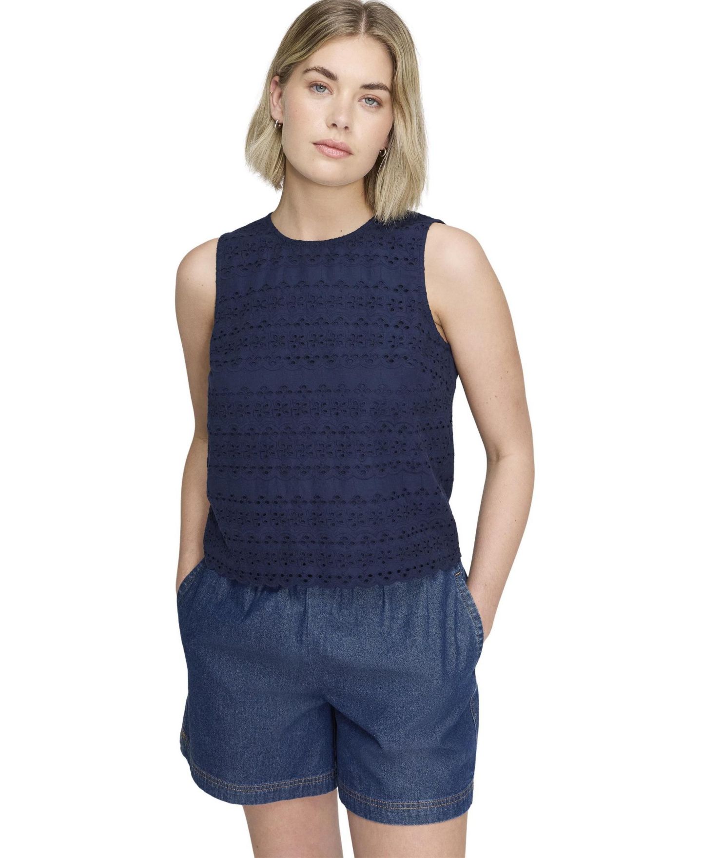 Женская блузка Finery London Gloria Eyelet Cotton Crewneck, цвет: Тёмно-синий — фото 3
