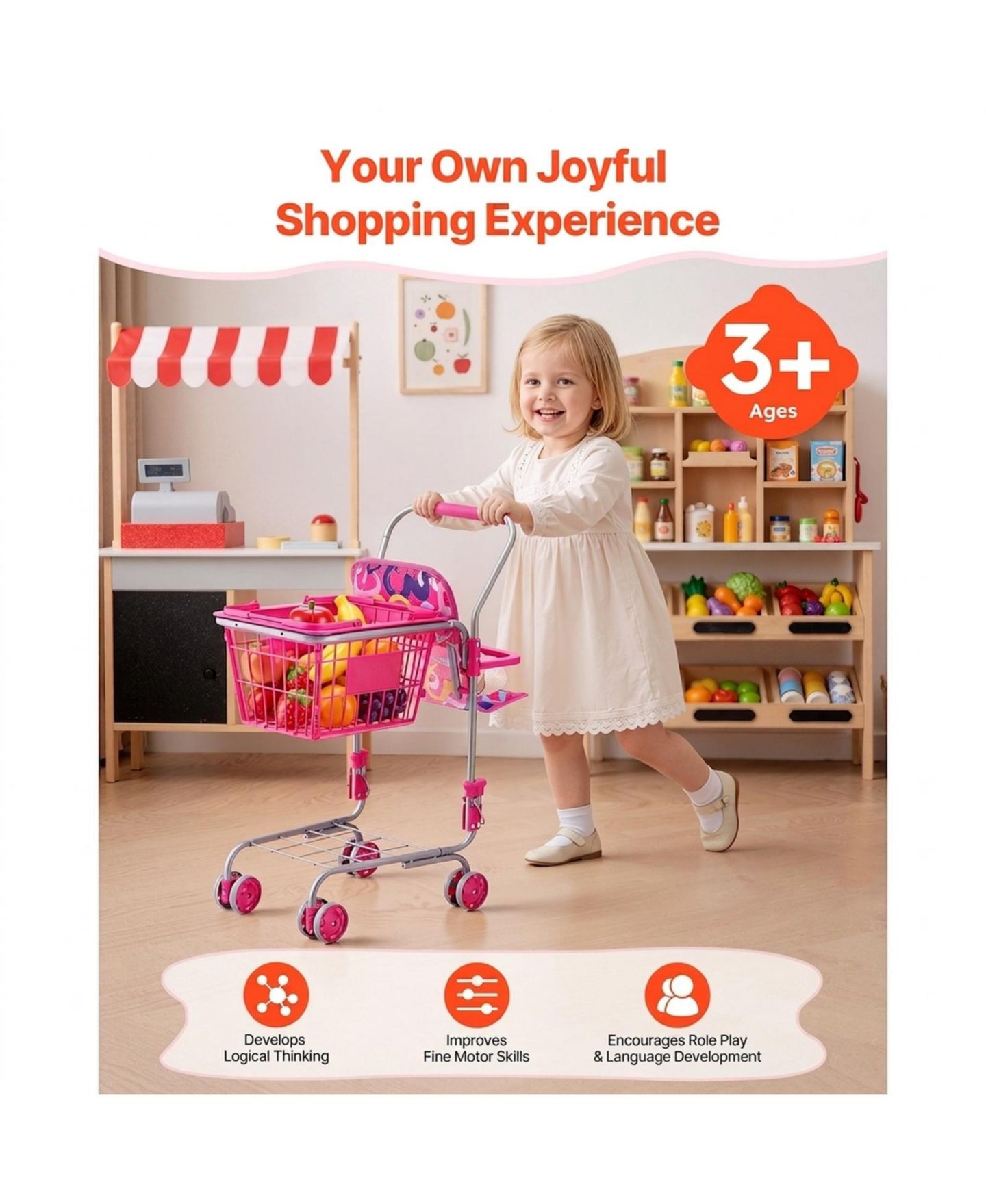 Детские игрушки SUGIFT Metal Toy Shopping Cart and Doll, 2-Piece Set, Ages 3+, цвет: Розовый — фото 4