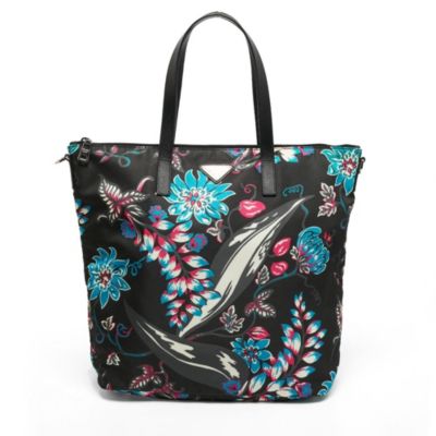 Women's Floral Print Nylon and Saffiano Leather Tote Bag