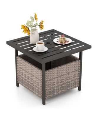 22 in Steel Slat Side Table with Umbrella Hole and Wicker Storage