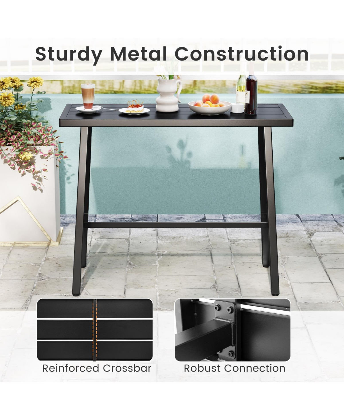 Mecale 46 in Long Metal Counter Height Bar Table with Footrest