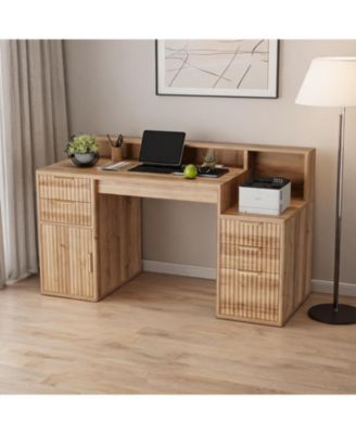 Rectangular Computer Desk with Hutch, Printer Stand and Ripple Door Storage, Space-Saving Home Office Writing Desk