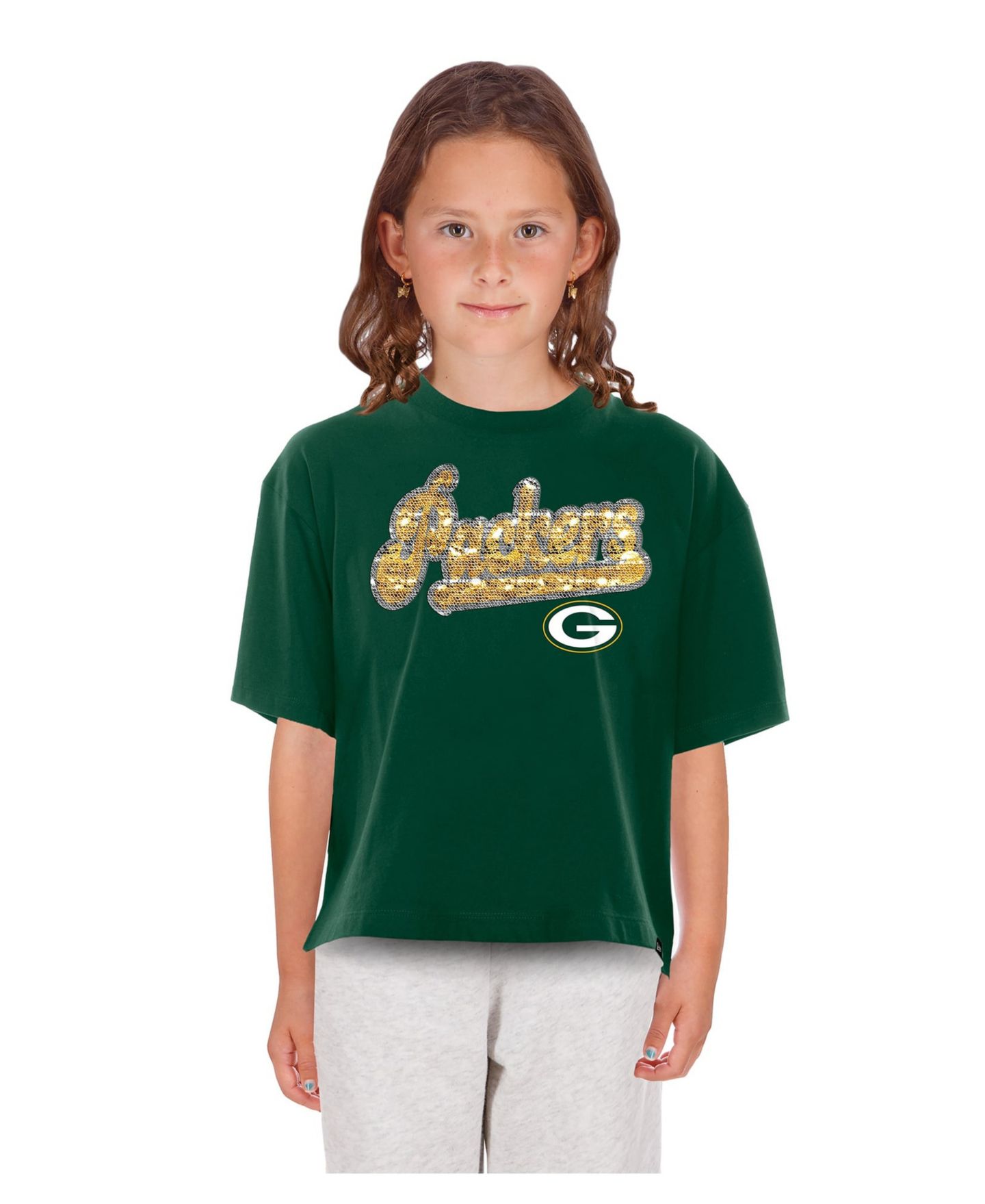 Футболка New Era Green Bay Packers Flip Sequin Boxy для девочек — фото 1