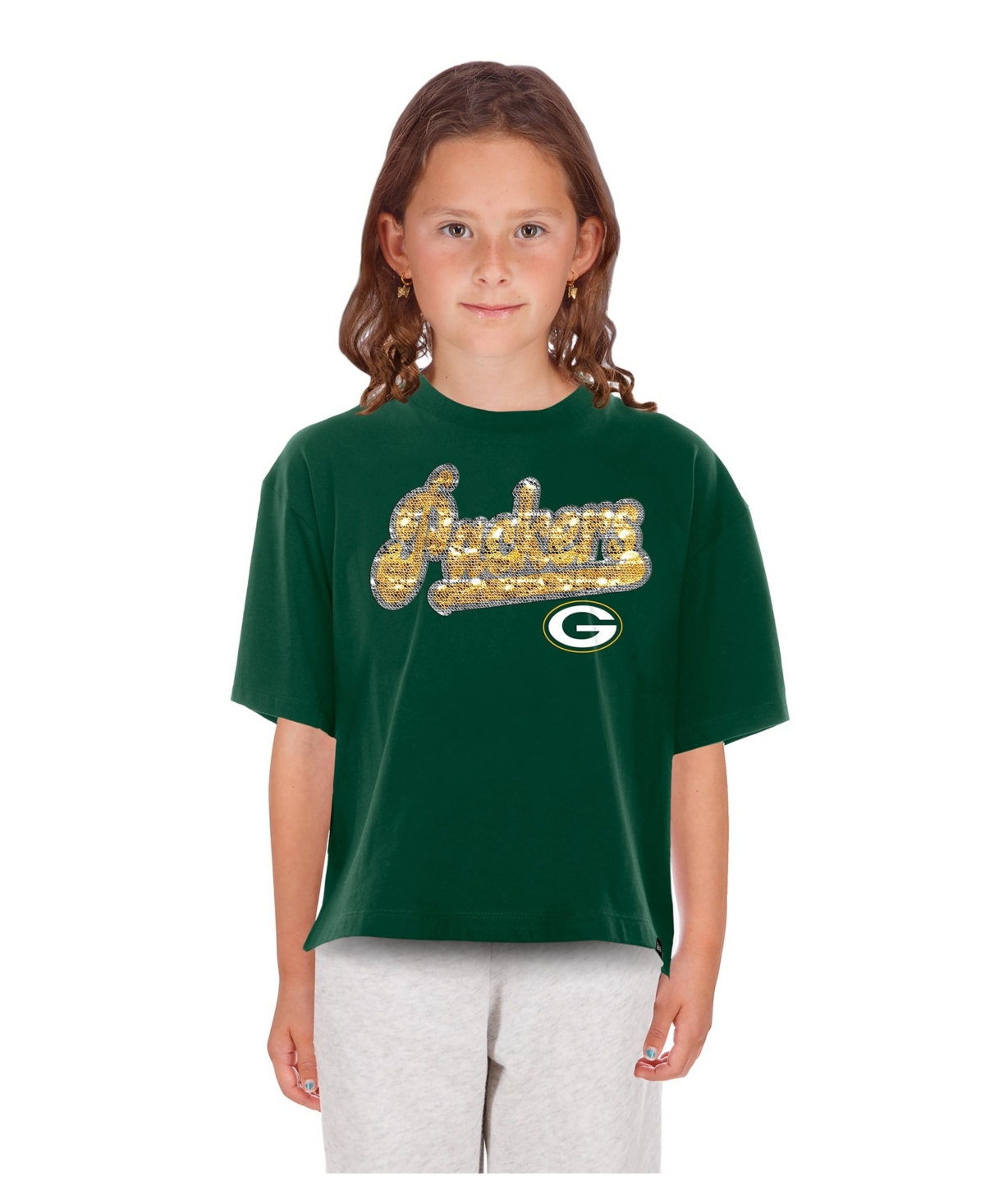 New Era Girls' 4-16 Green Bay Packers Flip Sequin Boxy T-Shirt - Green