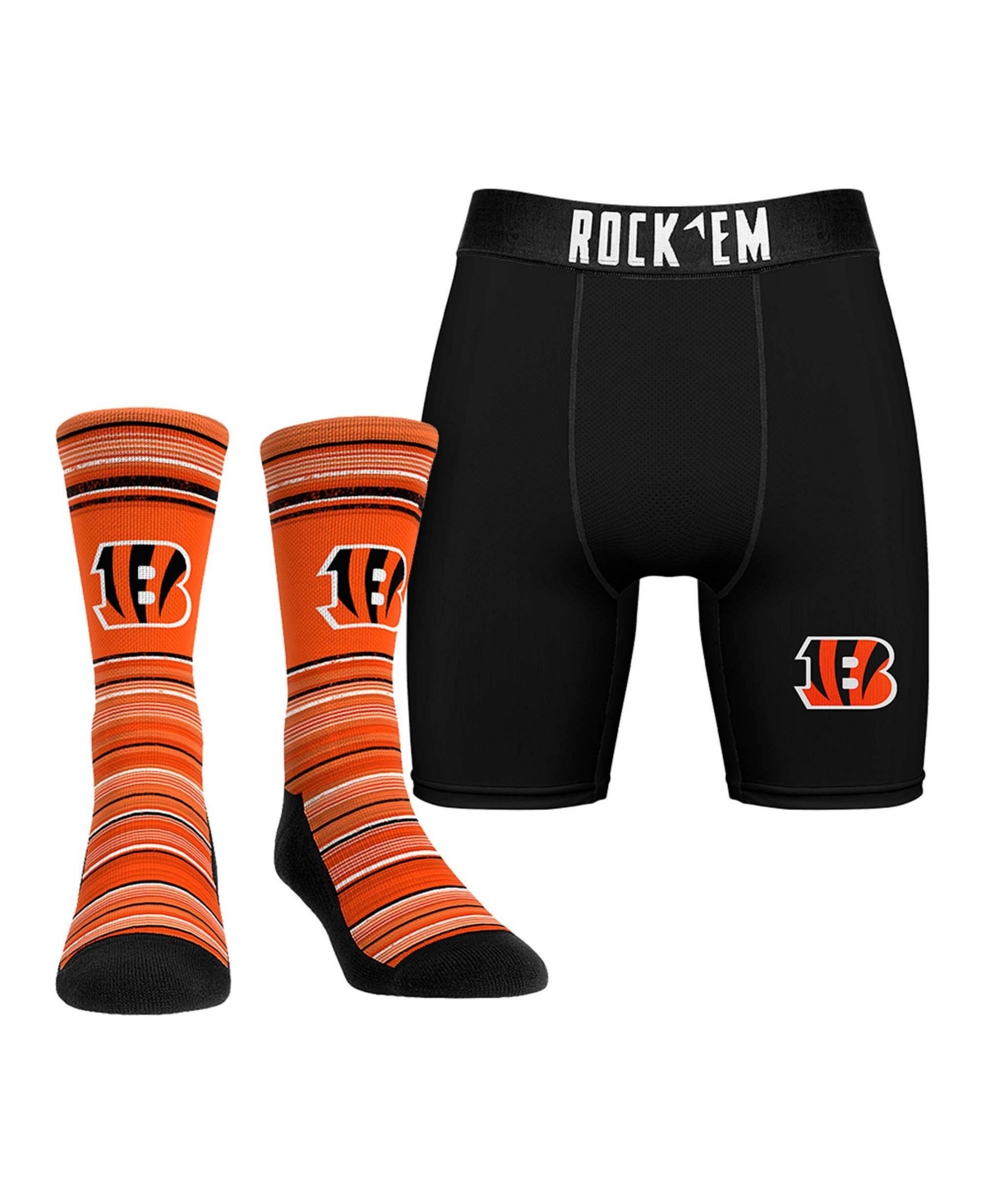 Rock Em Socks Men's Cincinnati Bengals Four-Way Contour Stretch Boxer Briefs and Crew Socks, 2-Piece Set