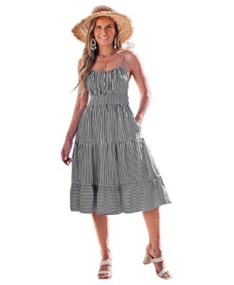 Women's Vertical-Stripe Spaghetti-Strap Tiered Midi Dress