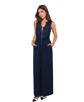Women's Compliment Blue V-Neck Front Zipper Wide-Leg Jumpsuit