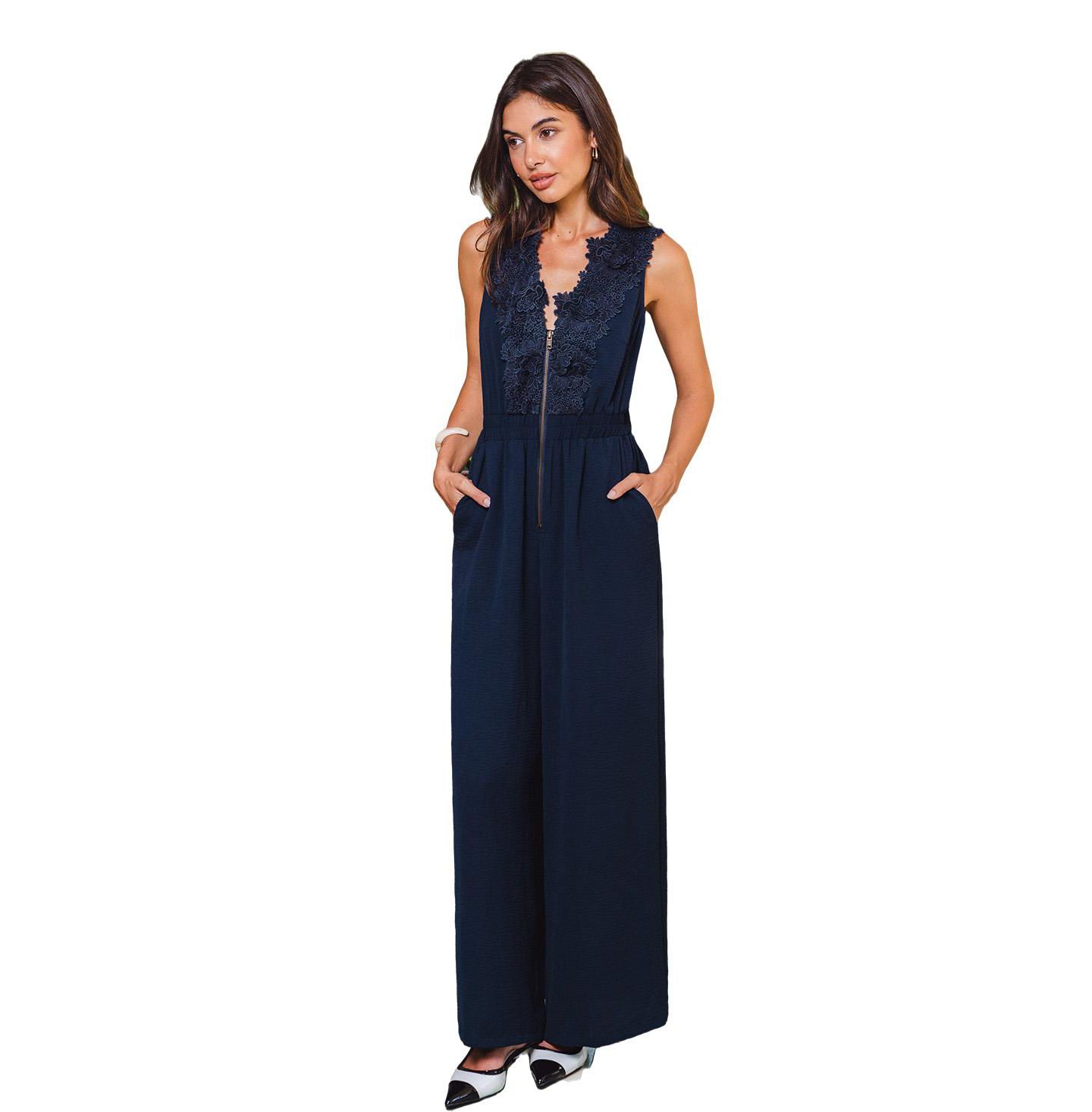 Женский комбинезон Cupshe Compliment Blue V-Neck Front Zipper Wide-Leg Jumpsuit, цвет: Тёмный синий — фото 1