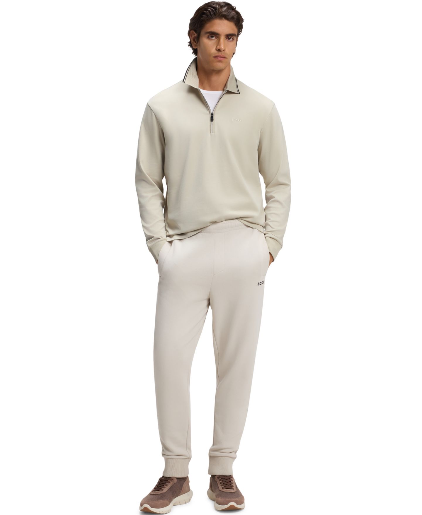 Мужское поло Hugo Boss Zip-Neck Embroidered Logo Polo Shirt, цвет: Бежевый — фото 4
