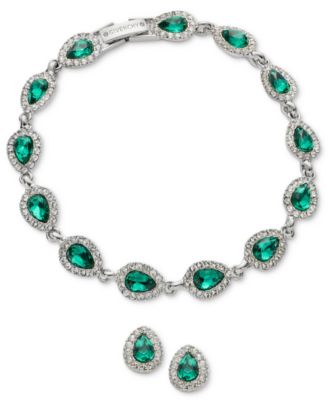 Gold-Tone Crystal Siam Pear Stone Stud Earring and Bracelet Set