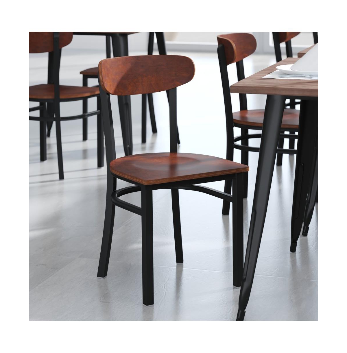 Emma+Oliver Yara Industrial Dining Chair with Rolled Steel Frame and Solid Wood Seat - Walnut