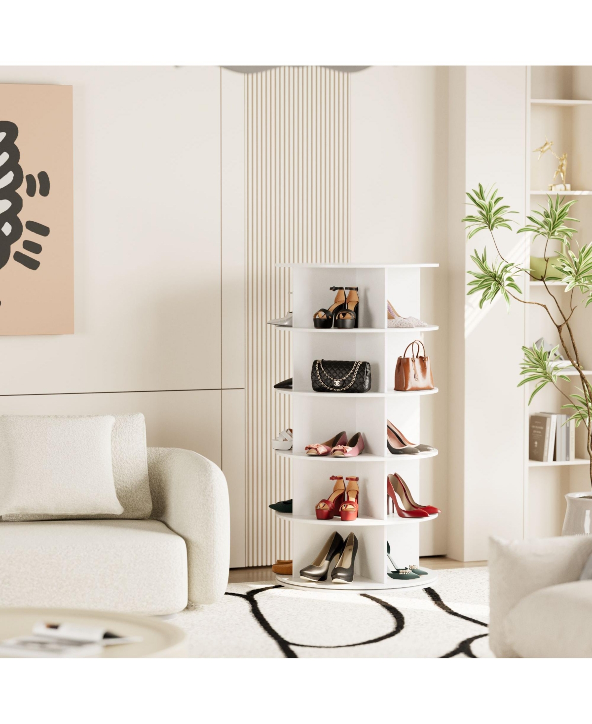 SpaceAid 5 Tier Rotating Shoe Rack Tower, Revolving Shoe Rack Storage, Round Carousel Vertical Handbag and Shoe Organizer - White