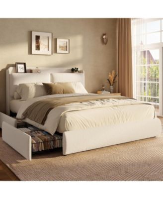 Full Upholstered Bed Frame with Shelf and Drawers- Beige Chenille Platform Bed with Built-in Headboard Shelf for Phone and Books