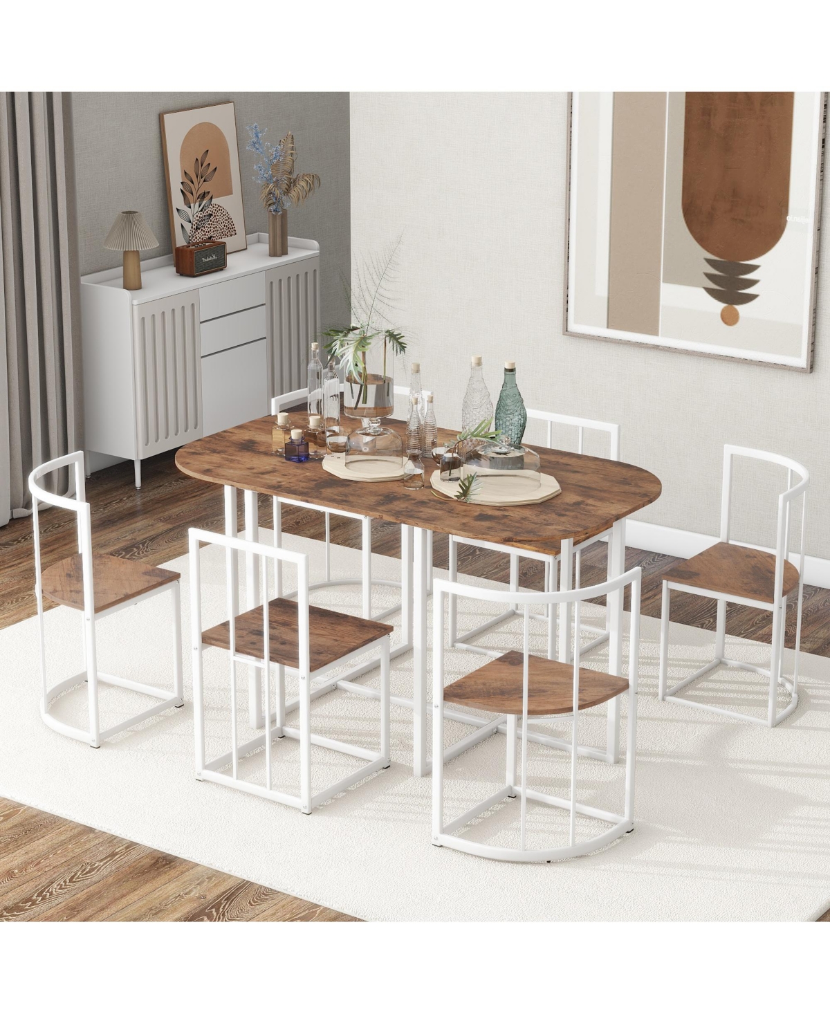 Flynama 7-Piece Dining Set, Faux Marble Table and 6 Chairs