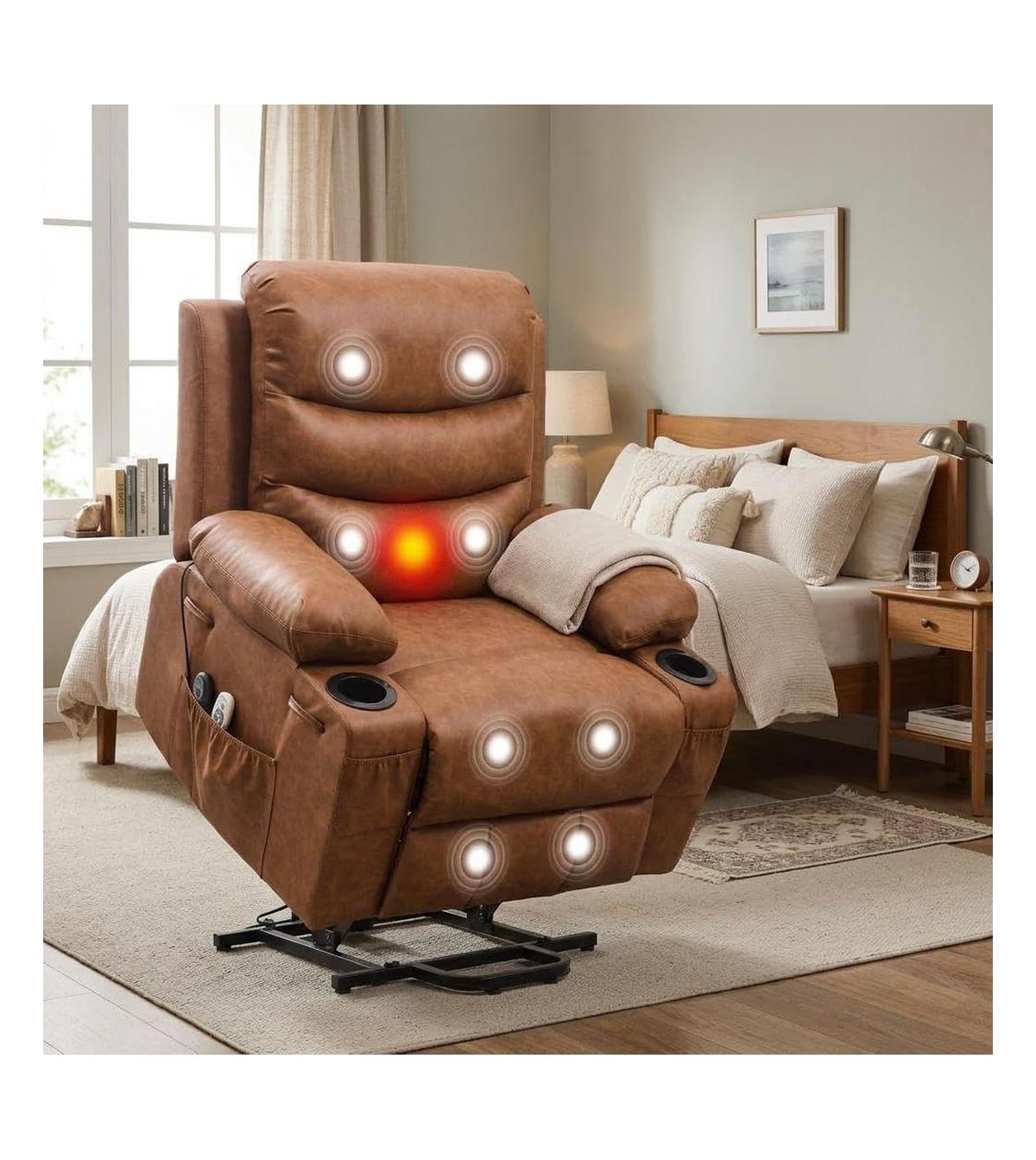 gaomon Upholstered Power Lift Chair, Electric Standing Assist Recliner with Back Massage and Waist Heating, Pu Leather Finish