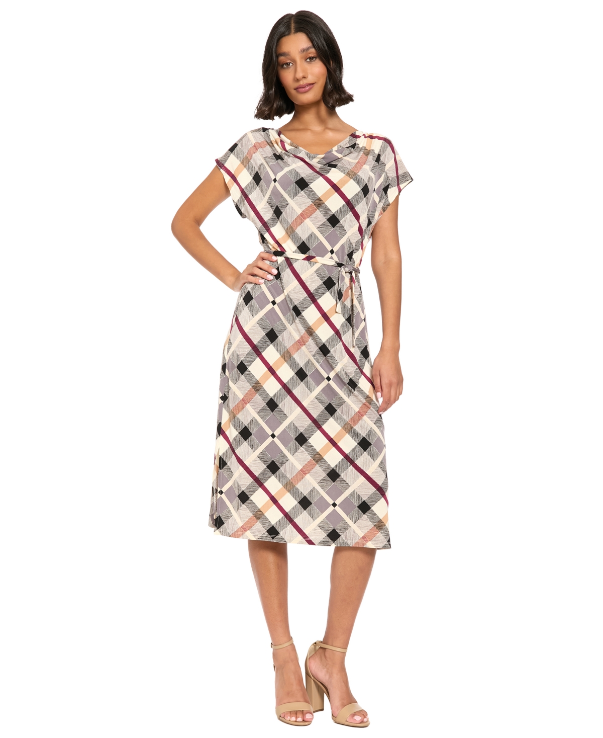 London Times Women's Midi A-Line Cowl Neck Dress