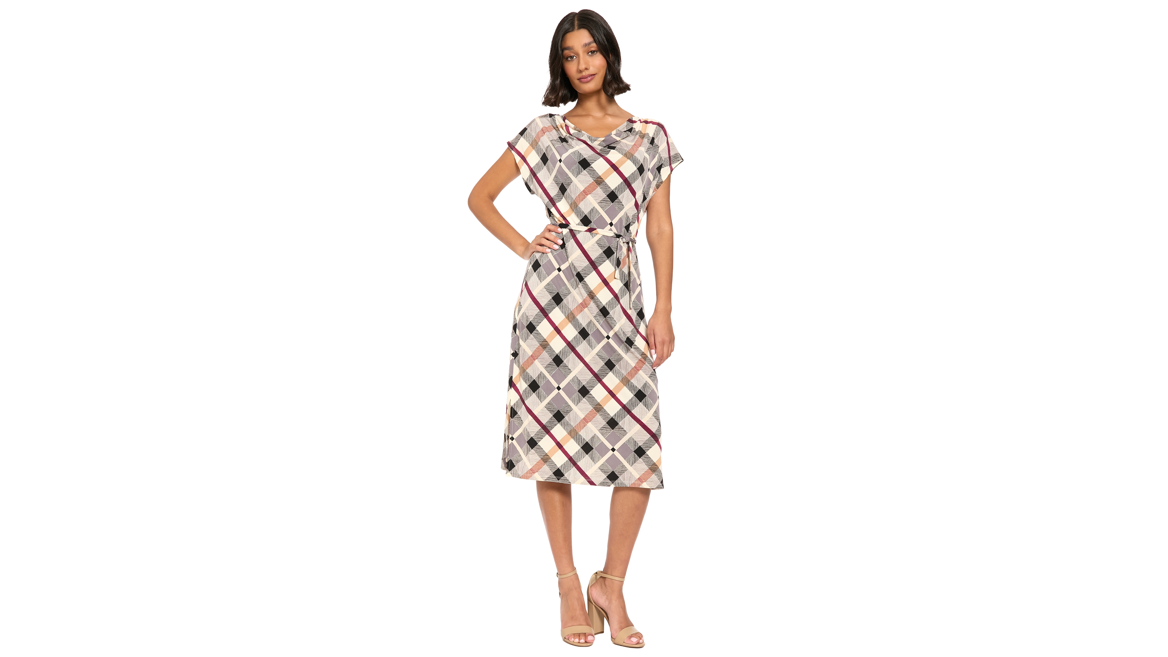 London Times Women's Midi A-Line Cowl Neck Dress