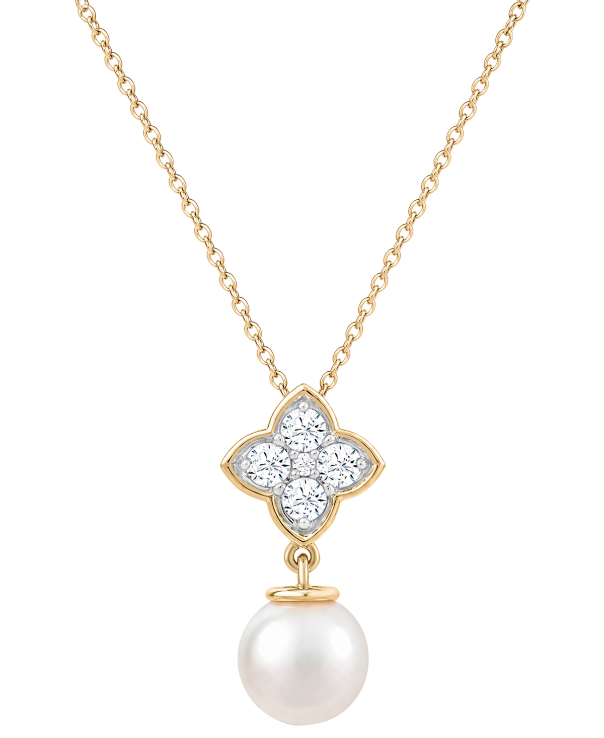 Macy's Cultured Freshwater Pearl (7.5mm) & Lab-Grown Sapphire (1/5 ct. t.w.) Necklace in 14k Yellow Gold-Plated Over Sterling Silver - Yellow