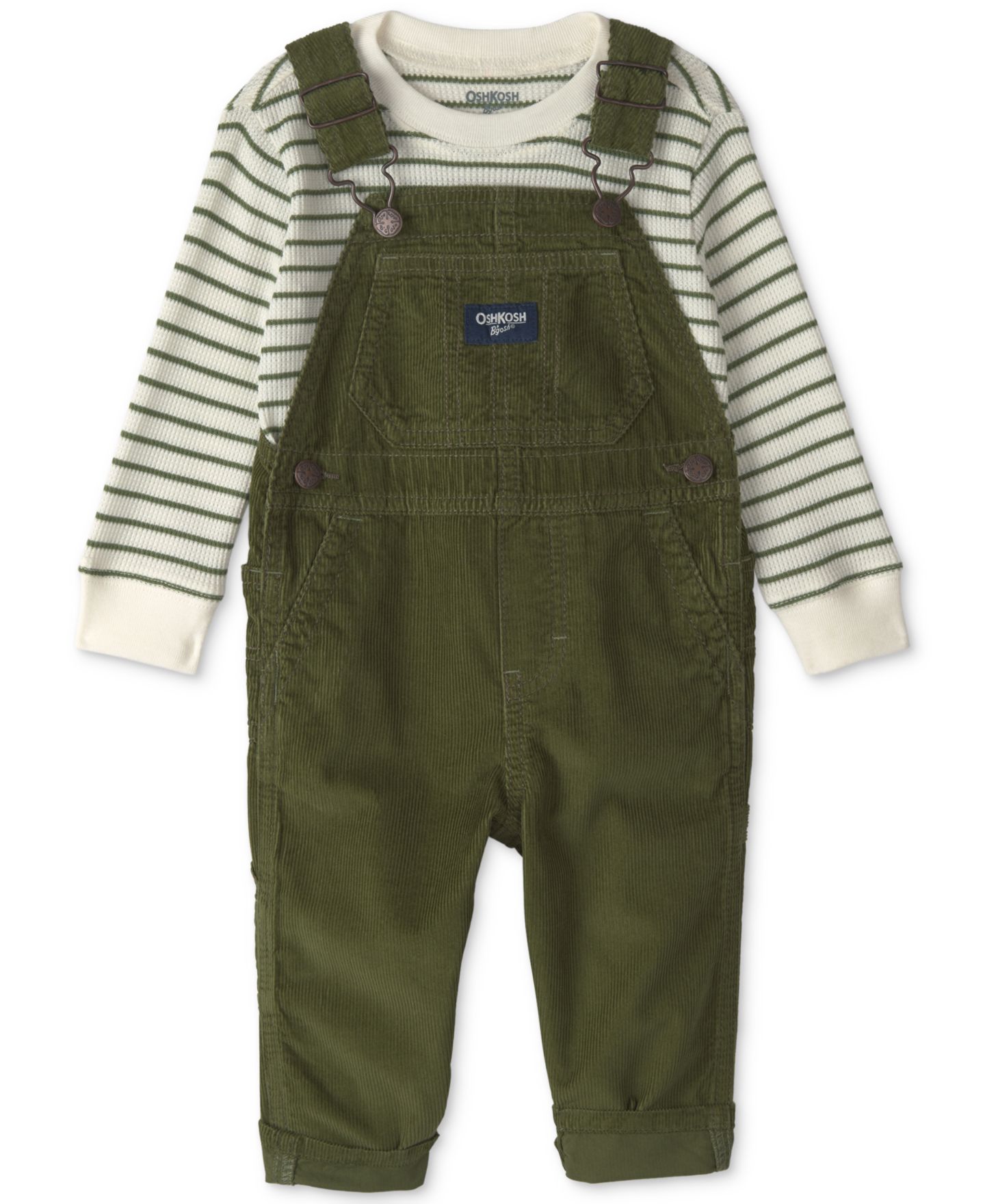 Комплект для мальчика Oshkosh B'Gosh: полосатый вельветовый топ и полукомбинезон, цвет: Зелёный / Белый — фото 1