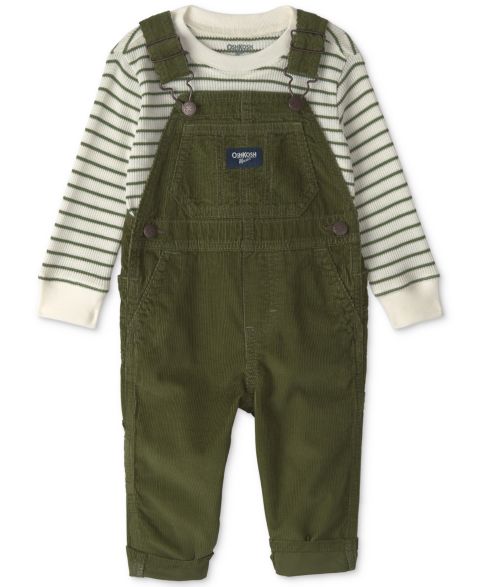 Комплект для мальчика OshKosh B'gosh: полосатый вельветовый топ и полукомбинезон, цвет: Зелёный / Белый