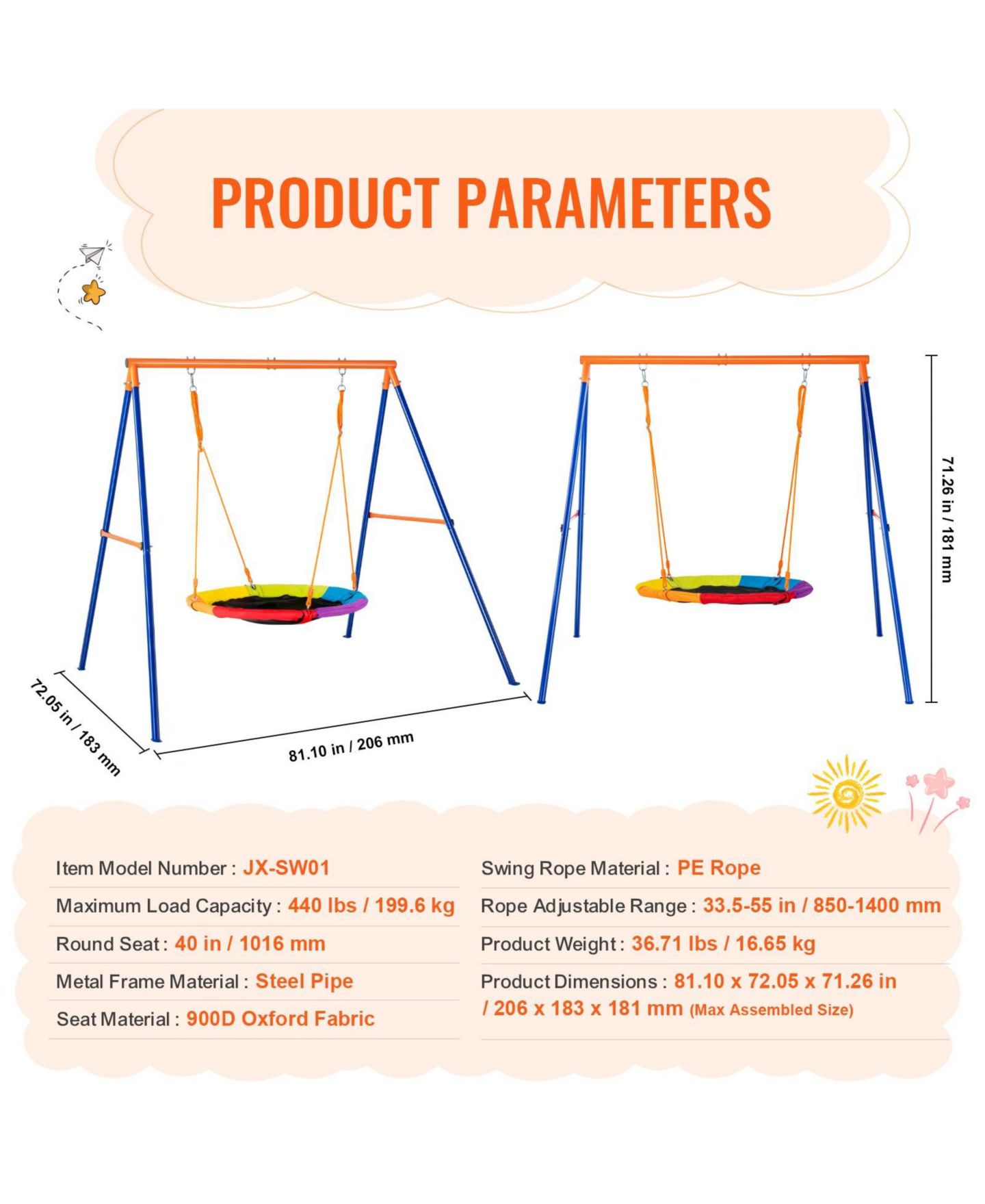 Детские игрушки Mecale Backyard Swing Set, 40" Saucer with Heavy-Duty A-Frame Metal Stand & Adjustable Rope, 440 Lb. Capacity, Ages 3+ — фото 3