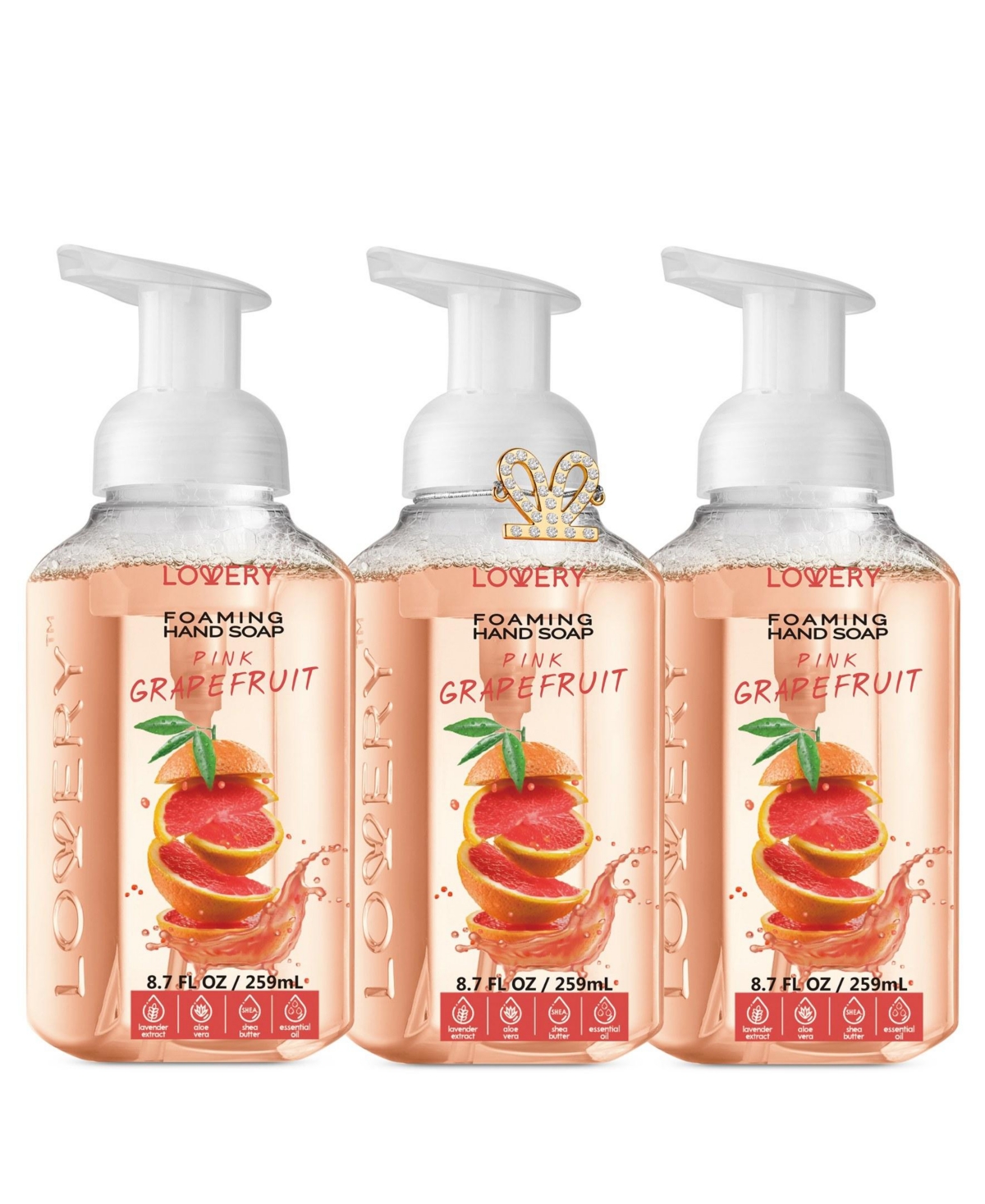 Lovery Hand Foaming Soap in Pink Grapefruit, Moisturizing Hand Soap with Flawless Crystal Heart Bracelet - 4 Piece Hand Wash Set