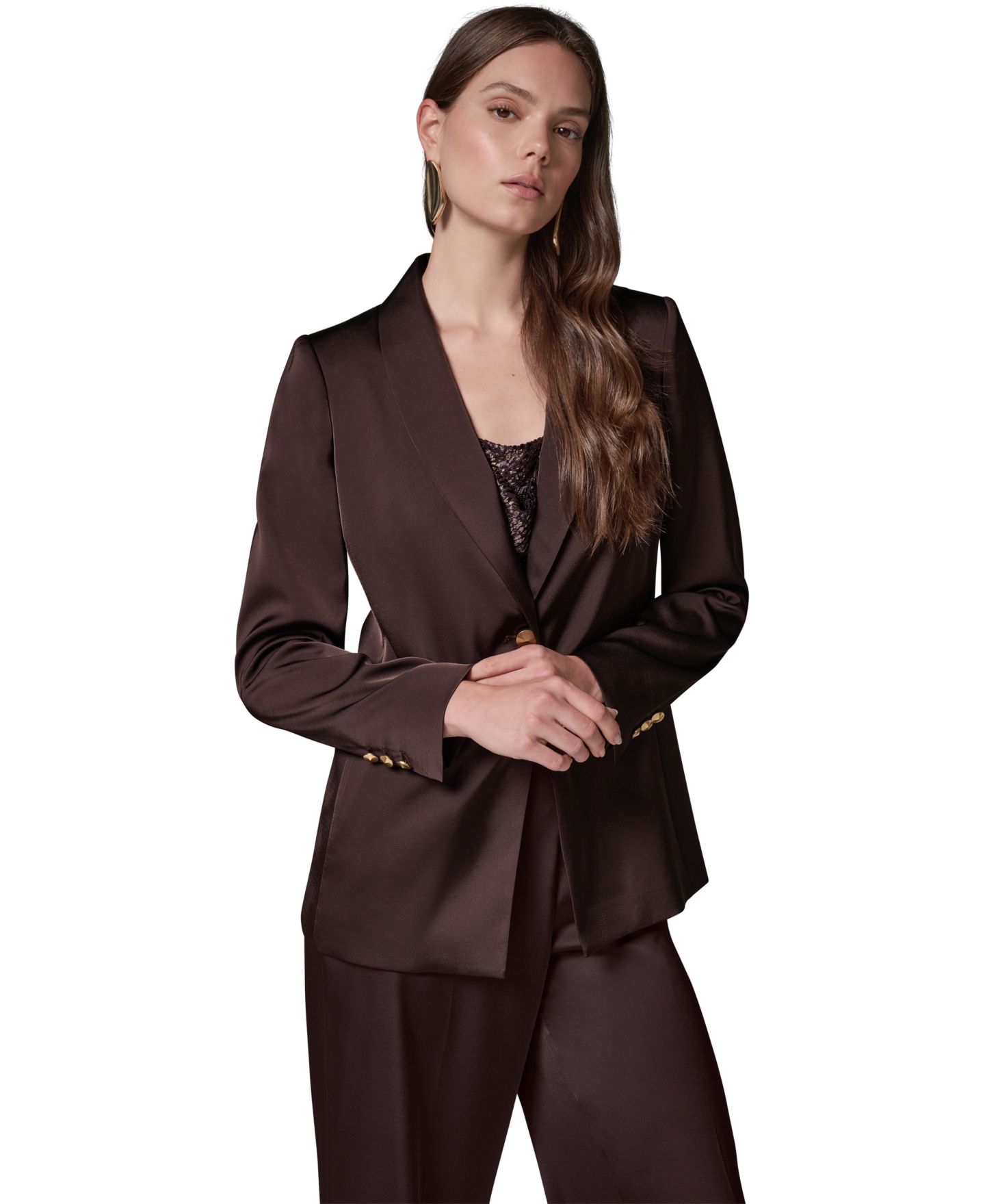 Женский пиджак Donna Karan New York Petite Satin Shawl Lapel Shoulder-Padded Blazer, цвет: Тёмно-коричневый — фото 5