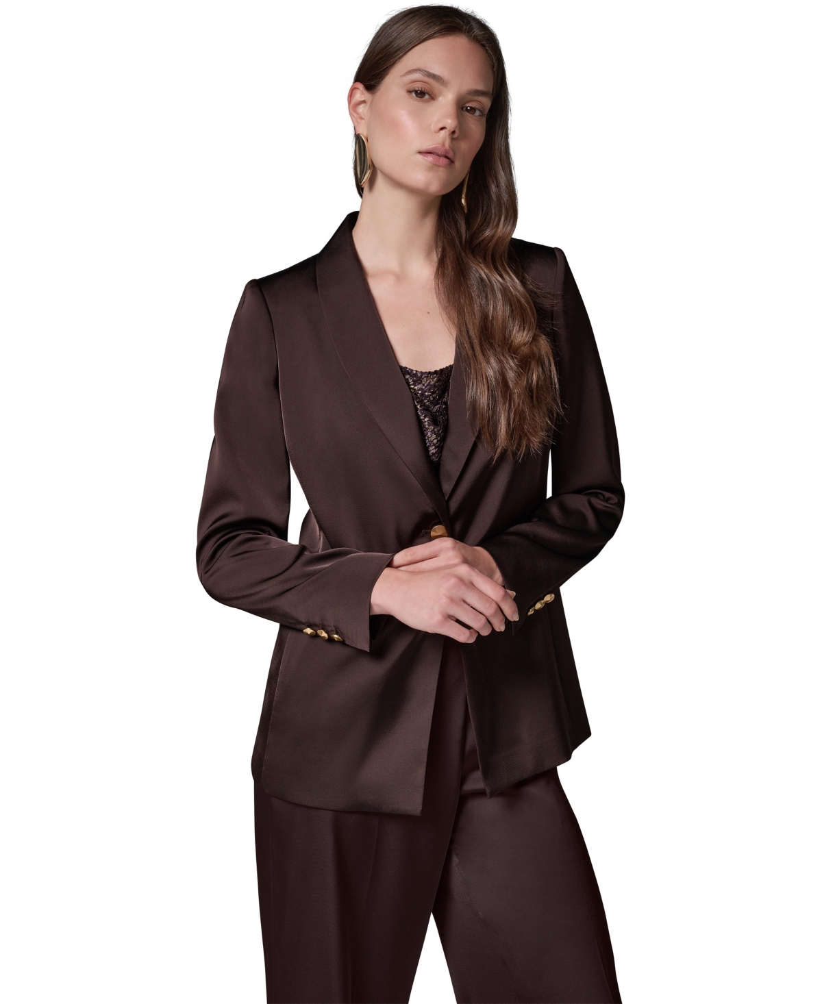 Donna Karan New York Petite Satin Shoulder-Padding Long-Sleeve Blazer