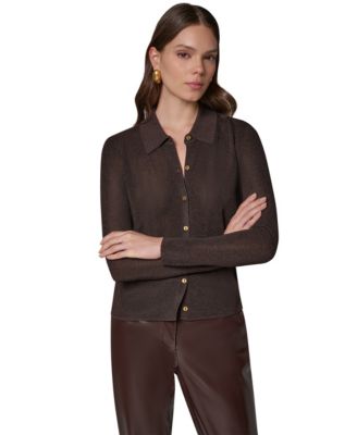 Petite Long-Sleeve Metallic-Knit Polo