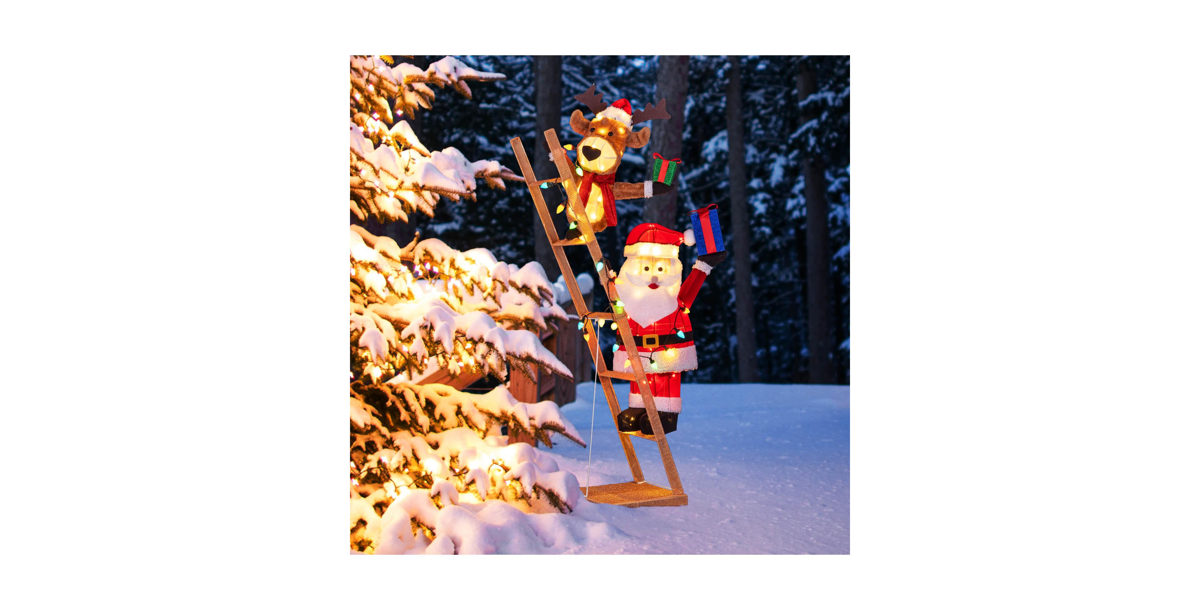Costway 5.5 Ft Lighted Reindeer and Santa Claus on Ladder with 100 Led Lights, Zip Ties