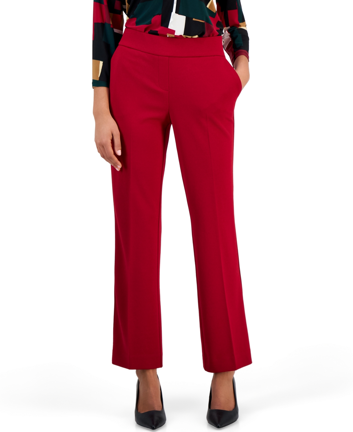 Ak Anne Klein Petite Pull-On Straight-Leg Pants - Titan Red