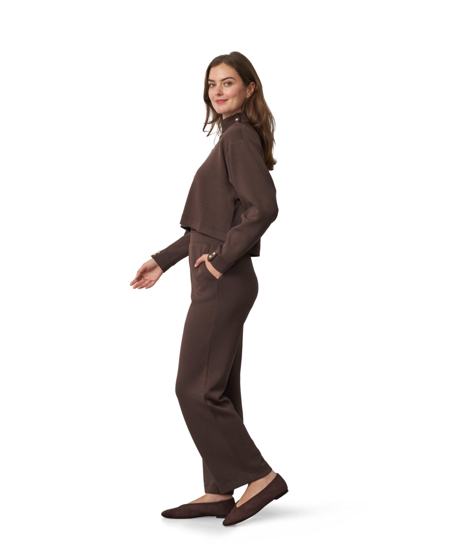 Cable & Gauge Women's Rib-Knit Mock Neck Shell, Overlay, and Pants 3-Piece Set, цвет: Шоколадный коричневый — фото 6