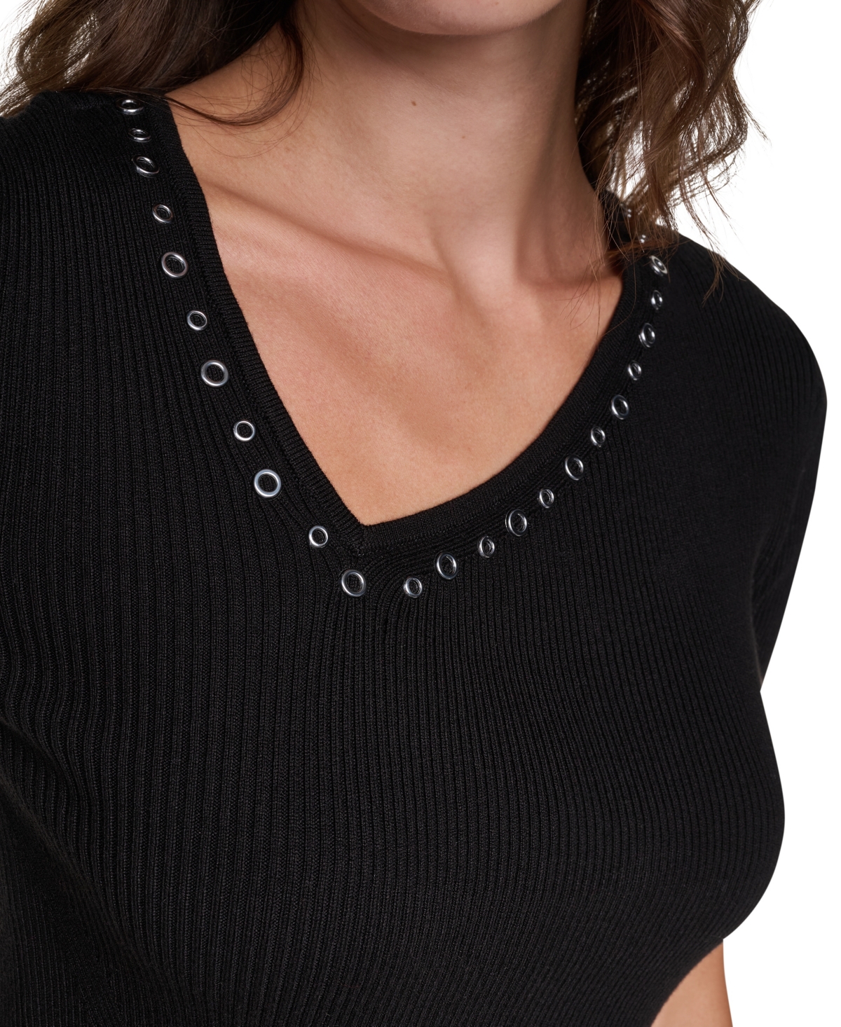 Dkny Women's Asymmetrical V-Neck Studded Ribbed-Knit Pullover Sweater