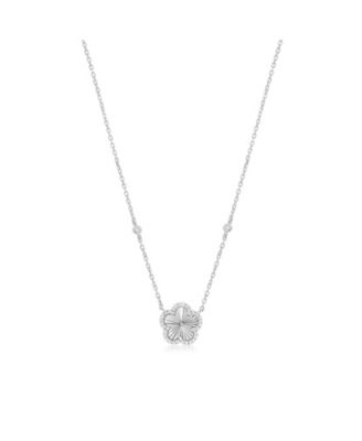 CZ Halo Fluted Single Flower Necklace Sterling Silver