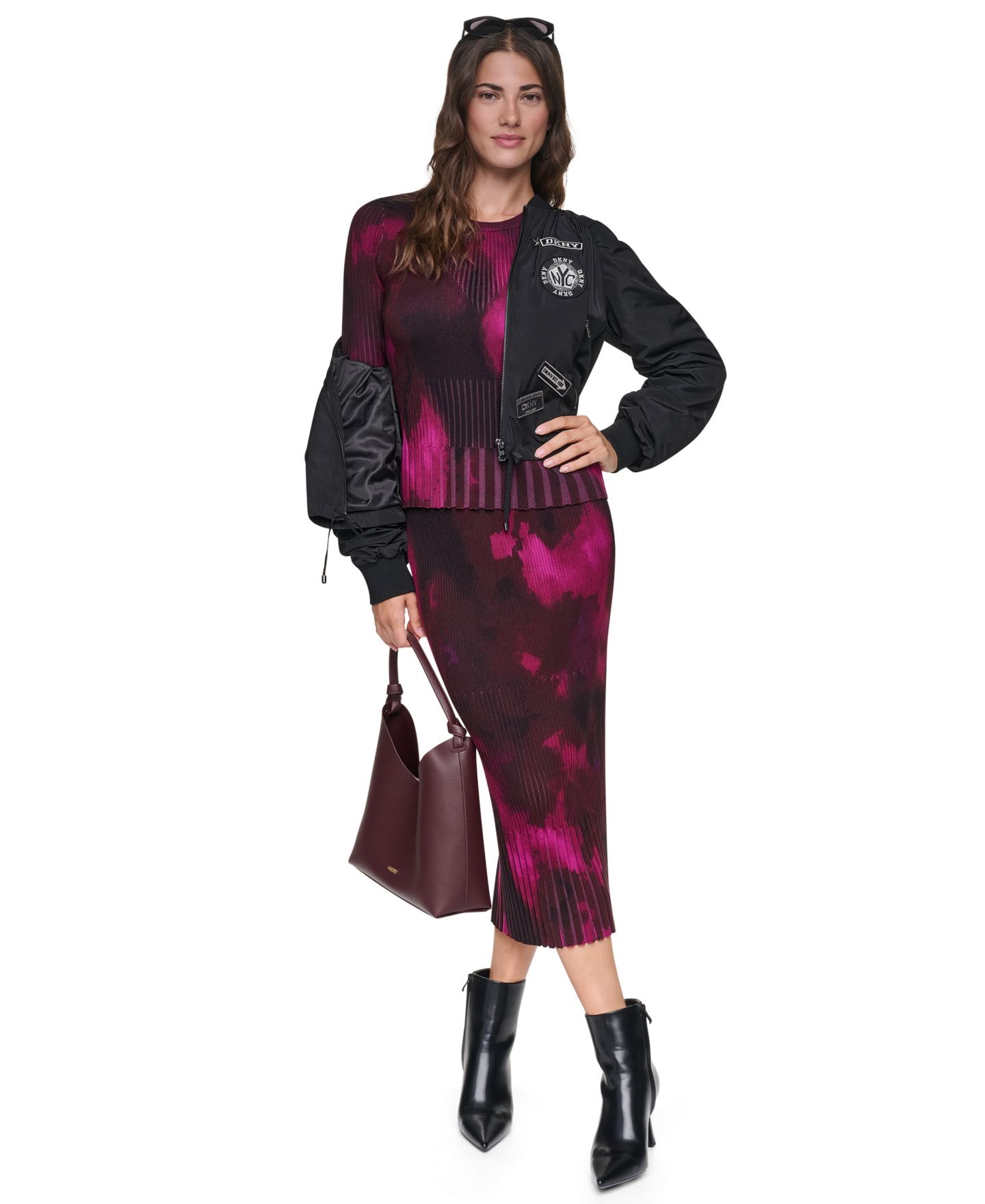 Женский свитер DKNY Printed Mix-Rib, цвет: Малиновый мглистый — фото 7