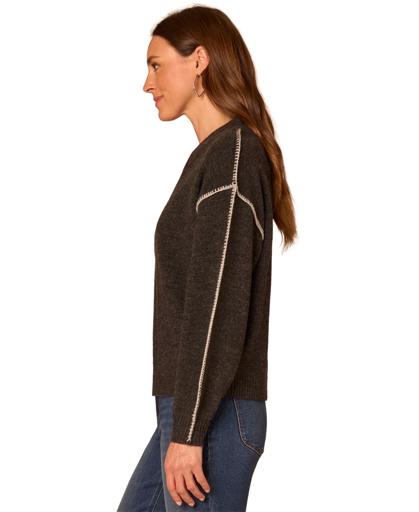 Женский свитер Democracy Long-Sleeve Blanket Stitch Embroidery V-Neck, цвет: Меланжевый угольный / Слоновая кость — фото 3