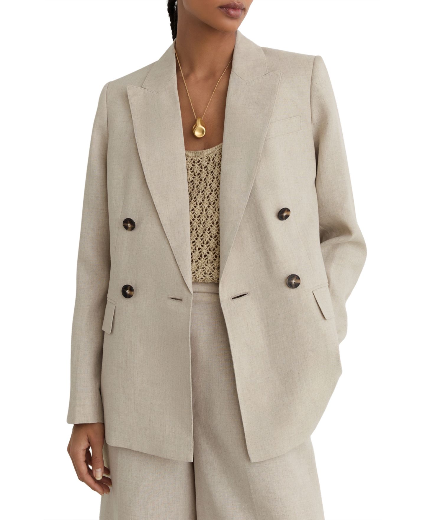Женские пиджаки REISS Kit Linen Double-Breasted Peak Lapels Blazer, цвет: Нейтральный — фото 1