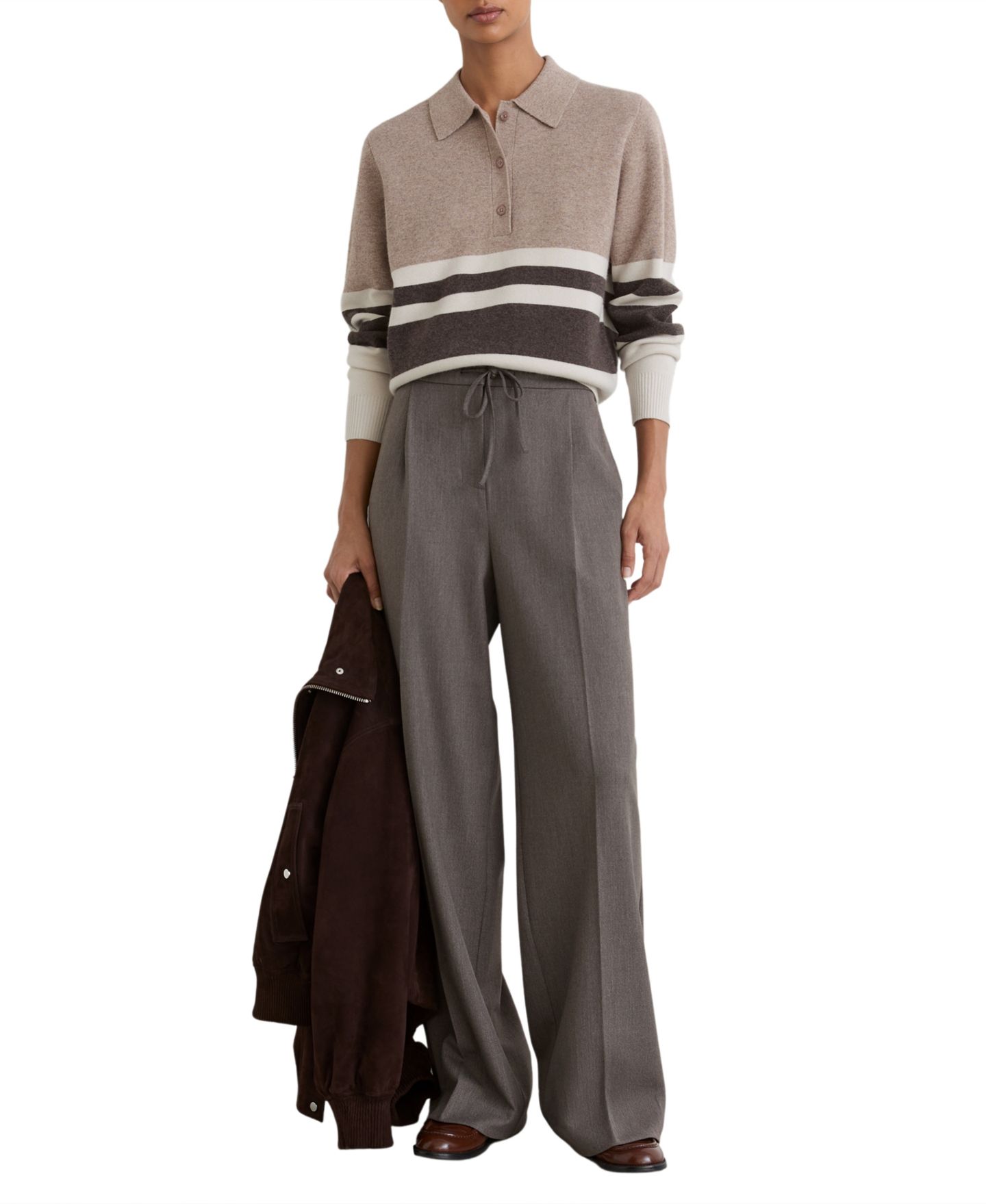 Женское поло REISS Bronte Rugby-Stripe Wool-Blend Long-Sleeve Polo with Cashmere, цвет: Нейтральный — фото 2