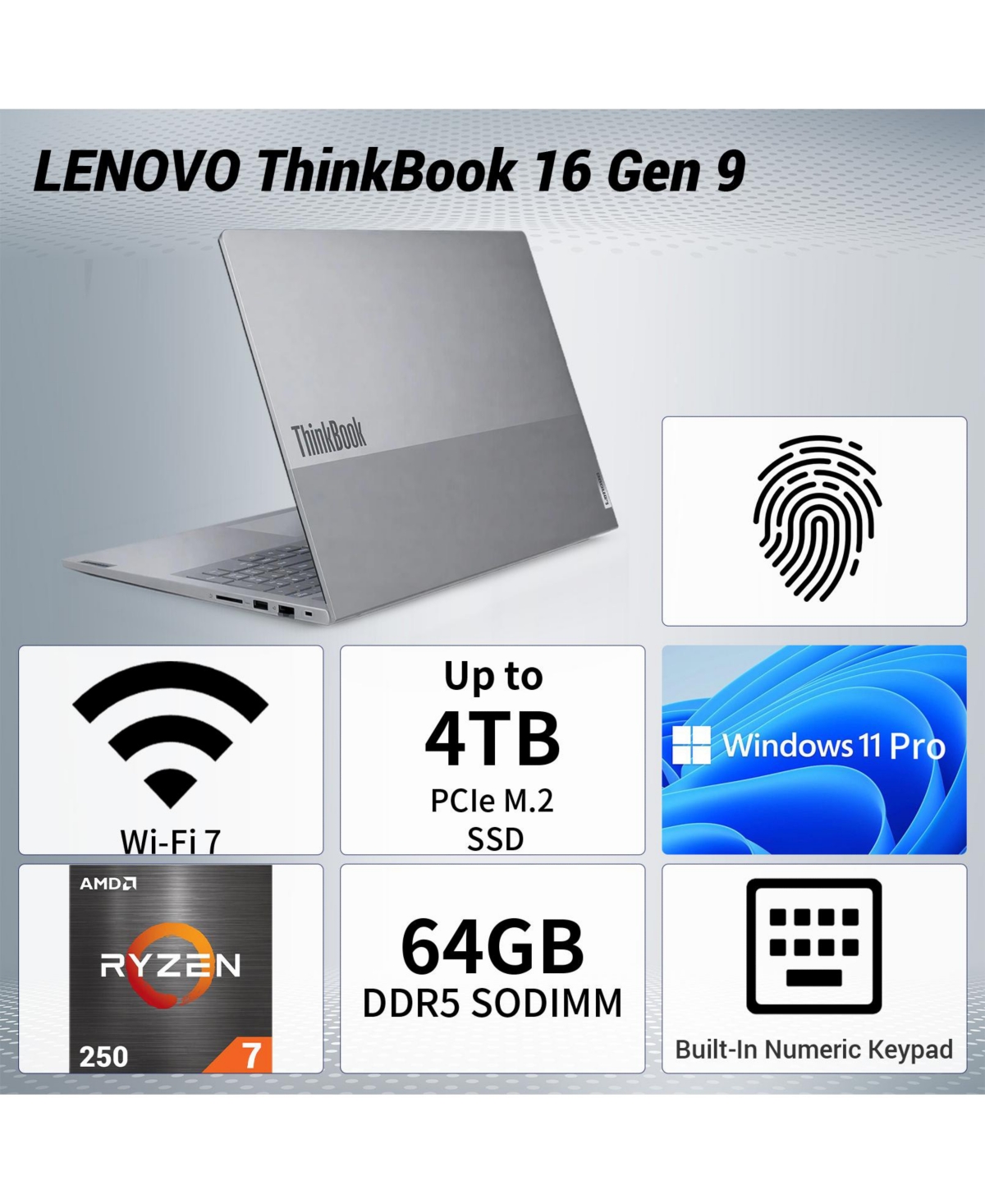 Lenovo ThinkBook 16" Fhd+ Business Laptop, Amd Ryzen 7 250, Amd Radeon Graphics, 16GB DDR5, 1TB Ssd, Wi-Fi 7, Win11 Pro, Grey