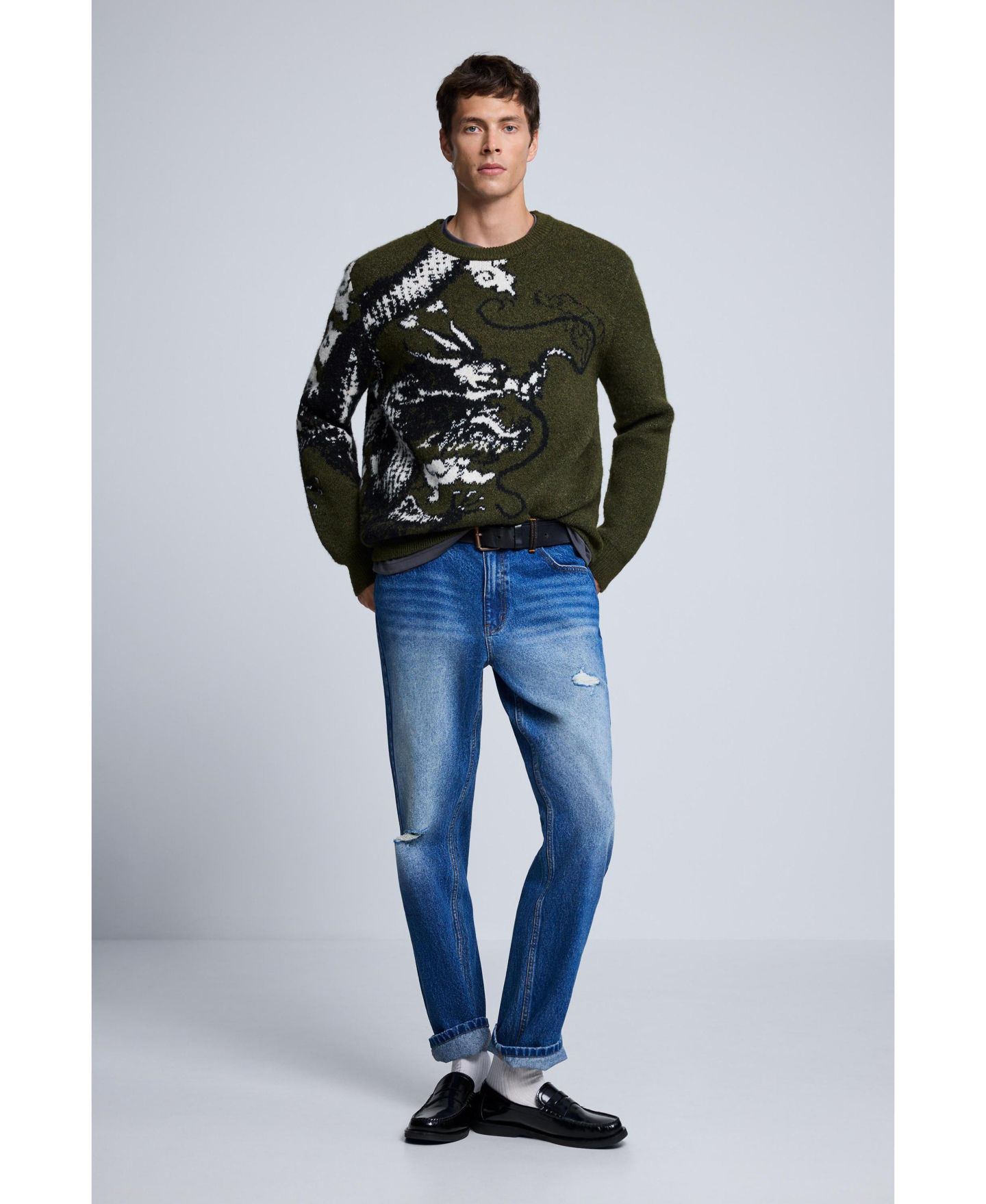 Мужской свитер Desigual Jacquard Knit Printed, цвет: Светлый зелёный — фото 4