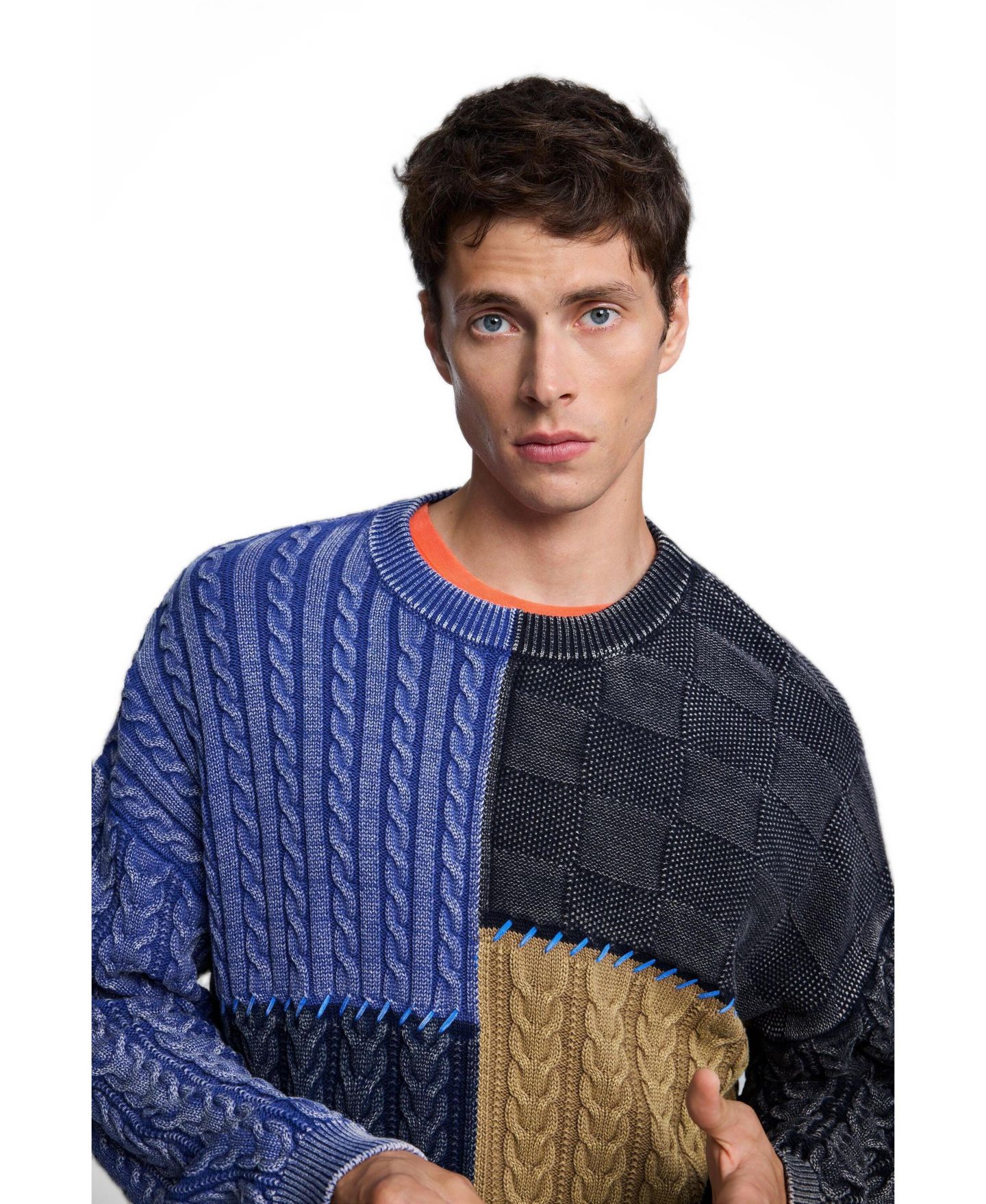 Мужской свитер Desigual Cable-Knit Patchwork, цвет: Тёмно-синий — фото 4