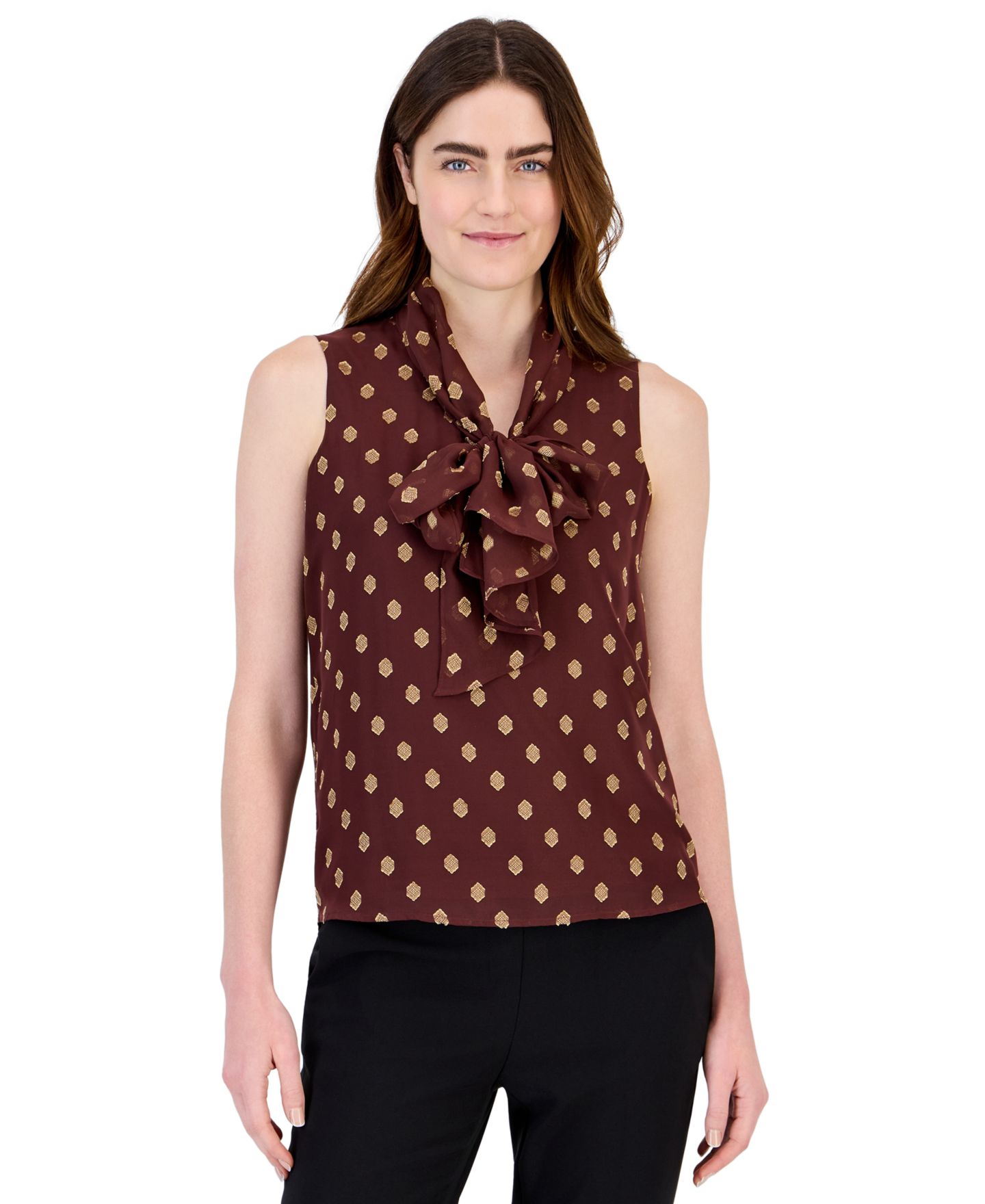 Женская блузка Anne Klein Bow Tie Front Sleeveless Blouse, цвет: Золотой — фото 1